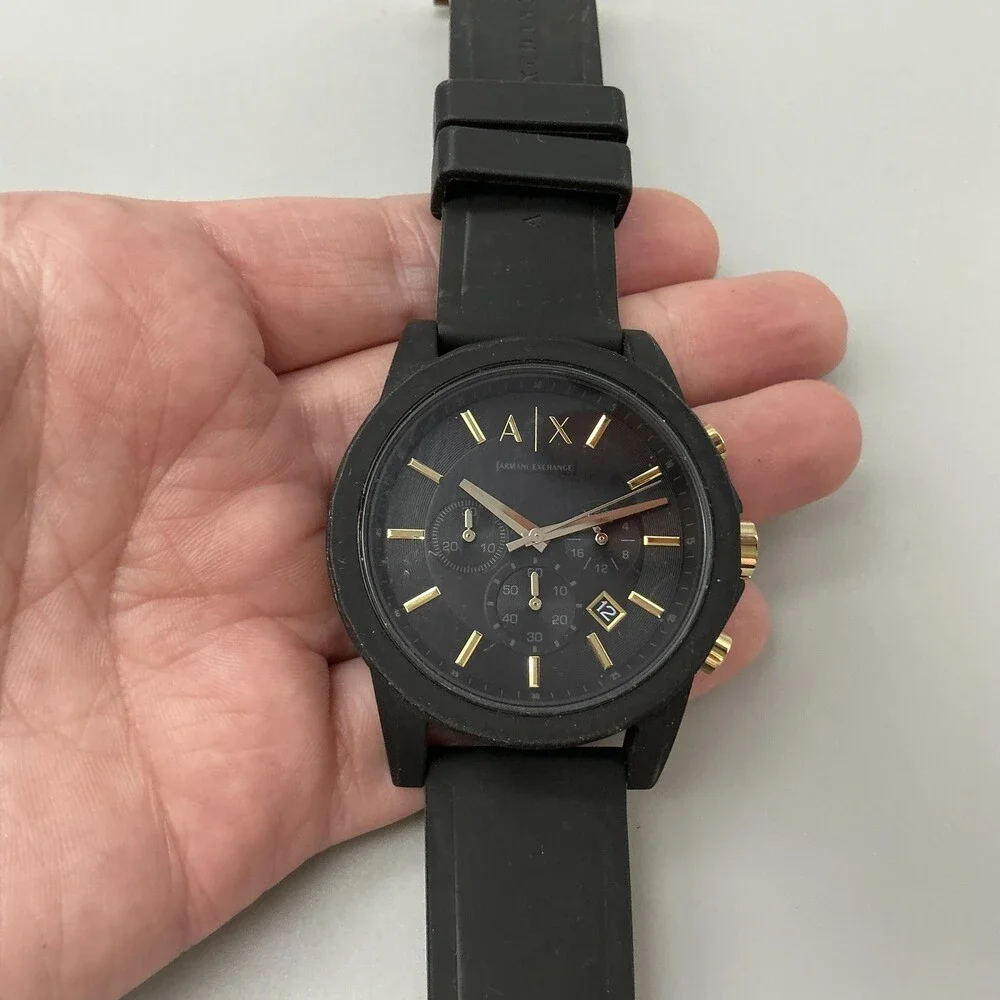 Armani Exchange Mens Watch 45mm Black Dial Chronograph Date Gold Tone New Batt
